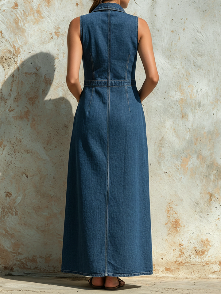 Morgan & Brooke | Washed Indigo Sleeveless Button-Front Denim Maxi Dress