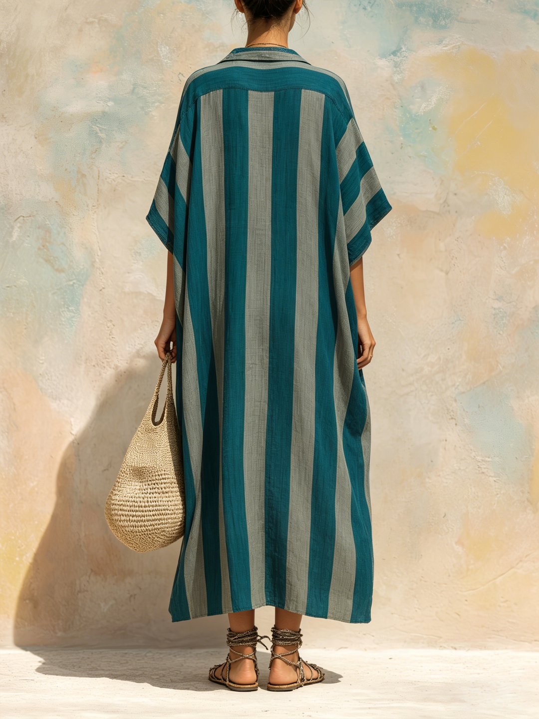 Morgan & Brooke | Teal Striped Kaftan Linen-Blend Maxi Dress