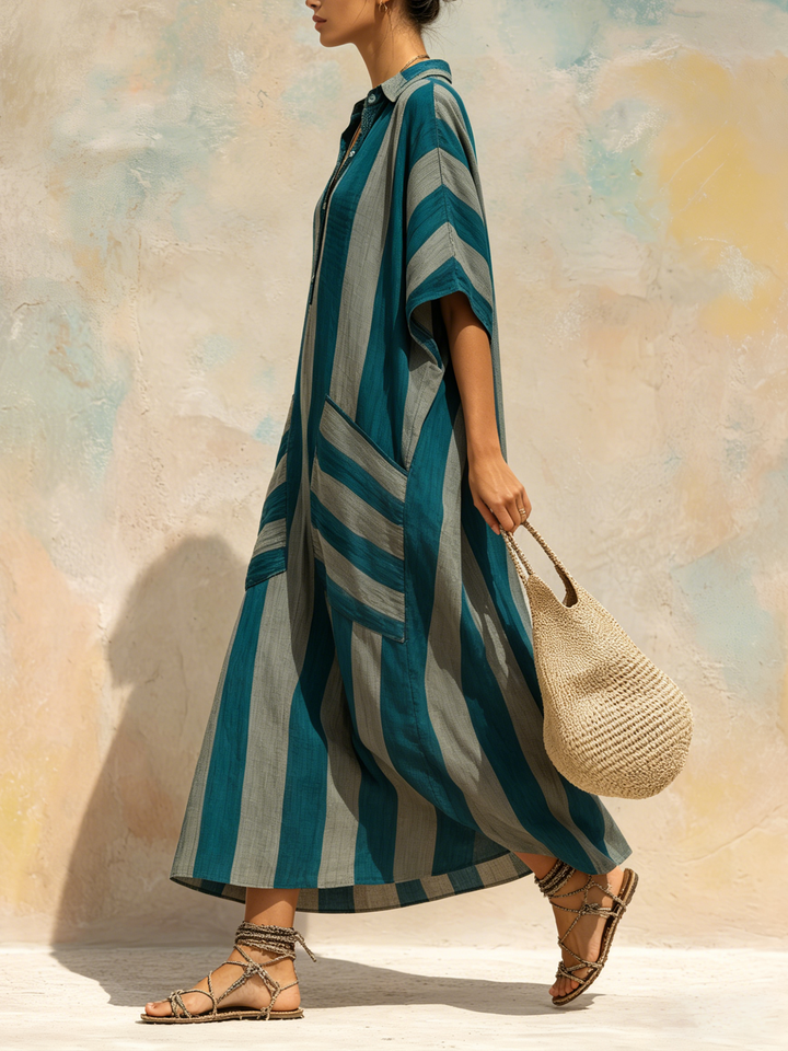 Morgan & Brooke | Teal Striped Kaftan Linen-Blend Maxi Dress