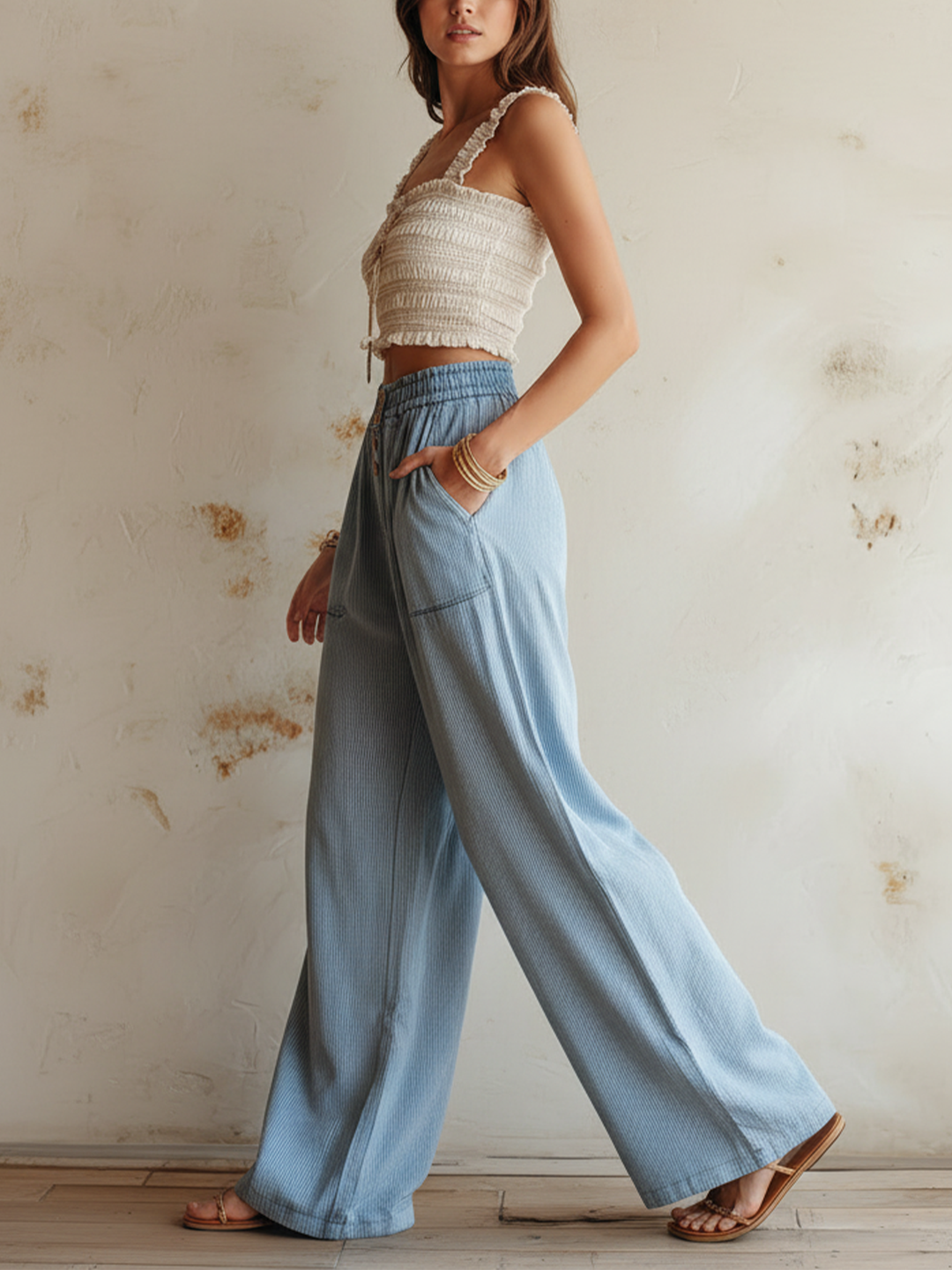 Morgan & Brooke | Light Wash Striped High-Waist Denim Pants