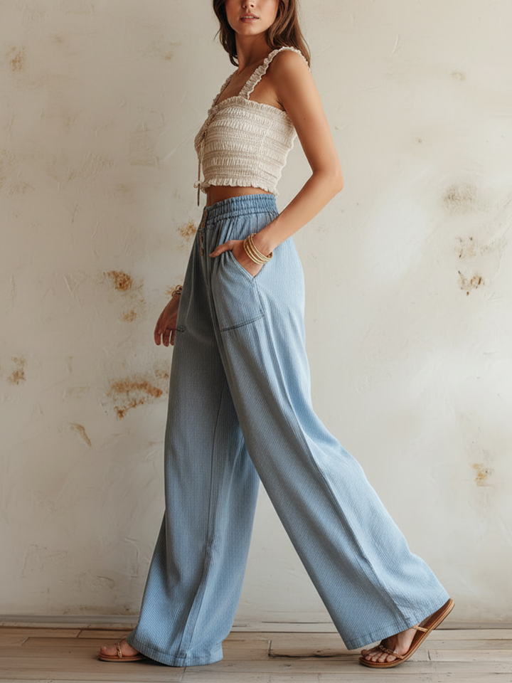 Morgan & Brooke | Light Wash Striped High-Waist Denim Pants