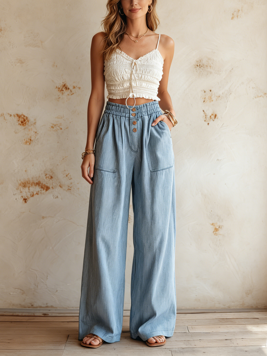 Morgan & Brooke | Light Wash Striped High-Waist Denim Pants