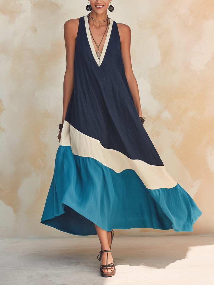 Morgan & Brooke | Multicolor Color-Block Linen-Blend Maxi Dress