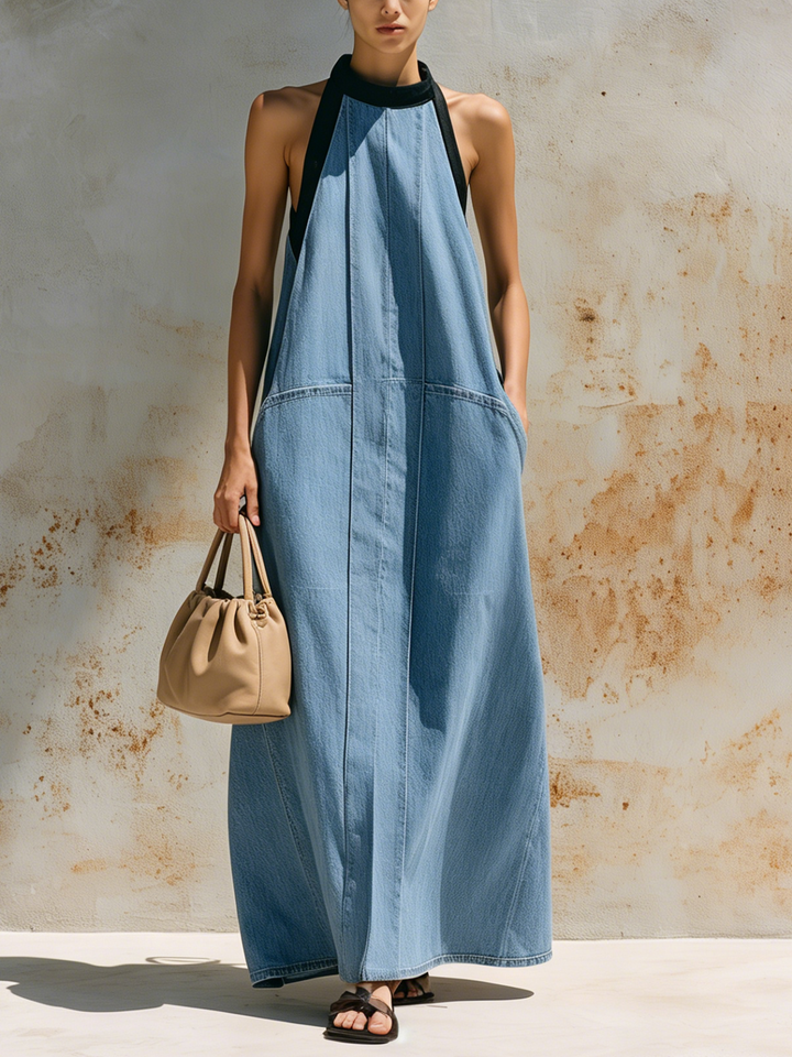 Morgan & Brooke | Light Wash Halter Neck Black-Trim Denim Maxi Dress