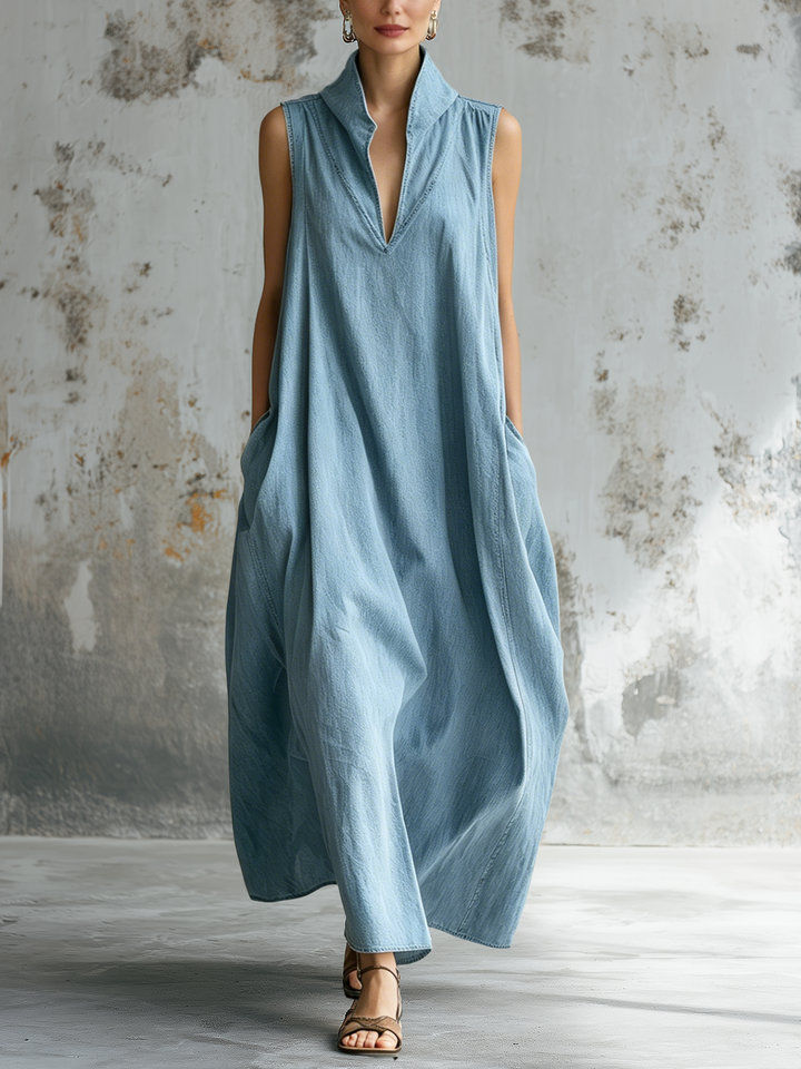 Morgan & Brooke | Light Wash Sleeveless High-Collar Denim Maxi Dress