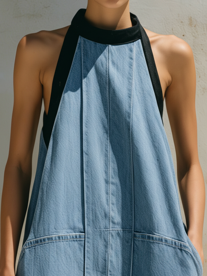 Morgan & Brooke | Light Wash Halter Neck Black-Trim Denim Maxi Dress