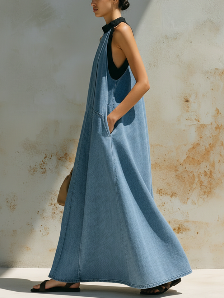 Morgan & Brooke | Light Wash Halter Neck Black-Trim Denim Maxi Dress
