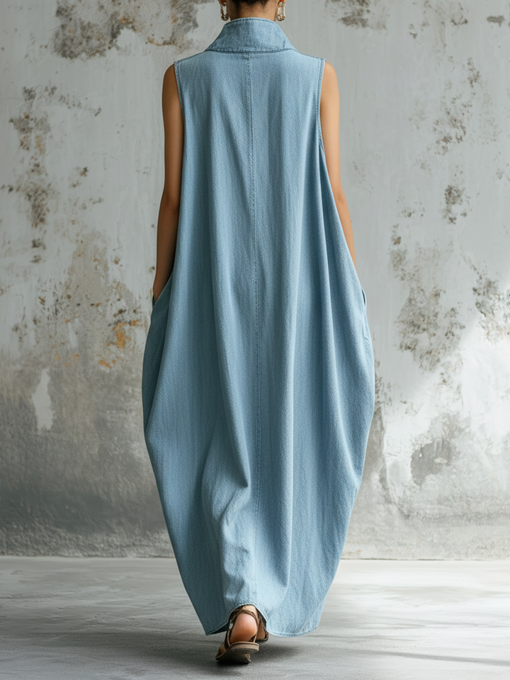 Morgan & Brooke | Light Wash Sleeveless High-Collar Denim Maxi Dress