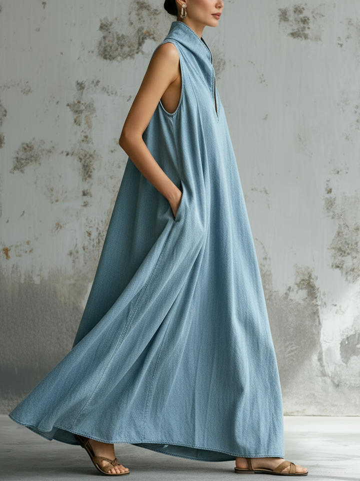 Morgan & Brooke | Light Wash Sleeveless High-Collar Denim Maxi Dress