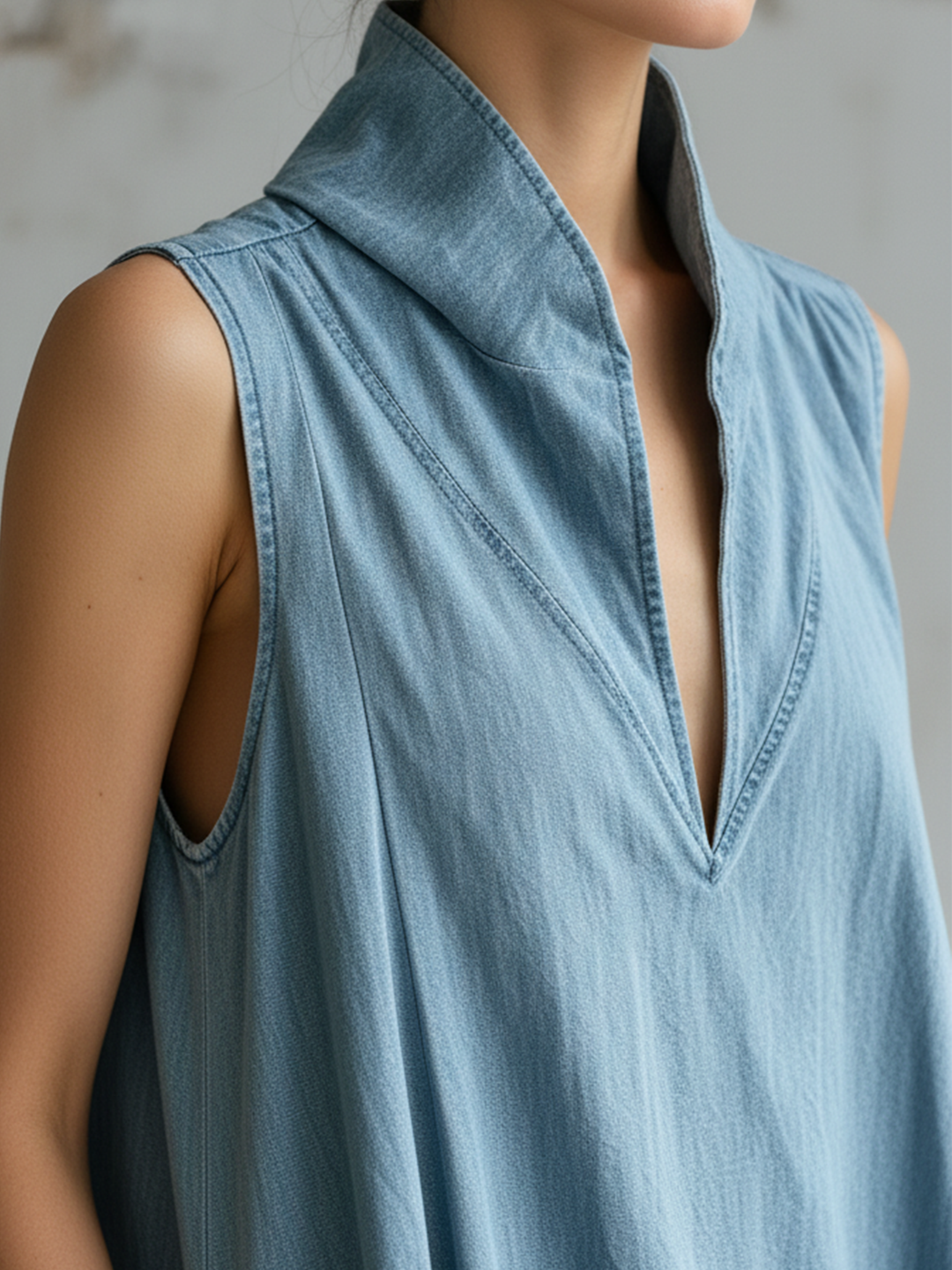 Morgan & Brooke | Light Wash Sleeveless High-Collar Denim Maxi Dress