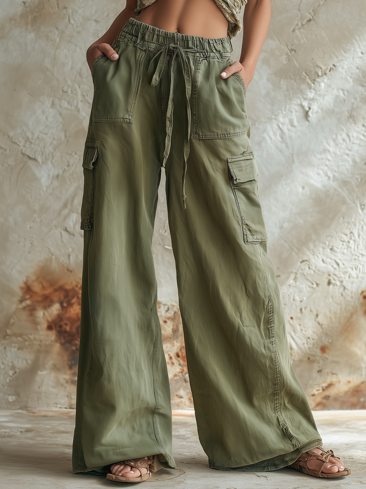 Morgan & Brooke | Olive Green High-Waist Wide-Leg Cargo Pants