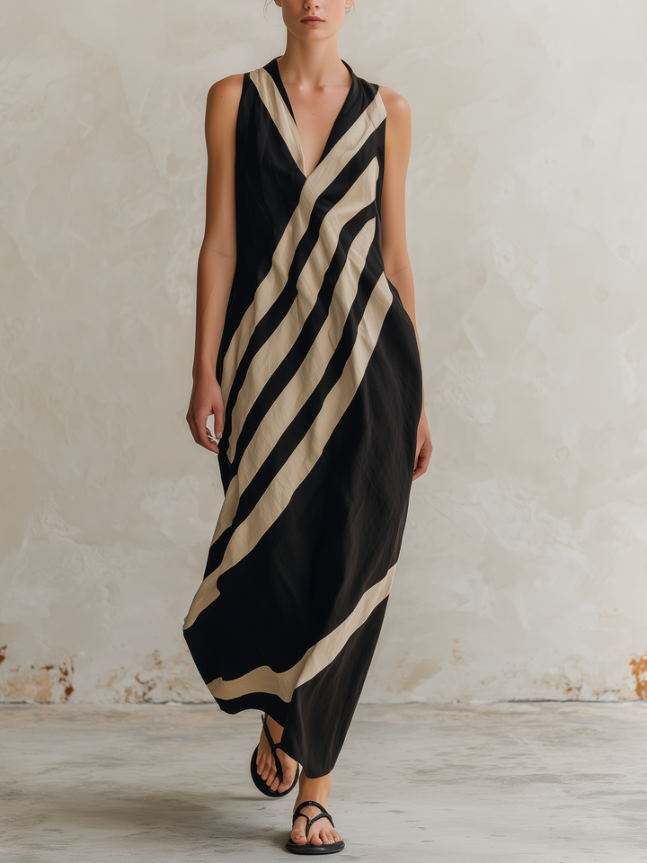 Morgan & Brooke | Black & Beige Diagonal-Striped Sleeveless Maxi Dress