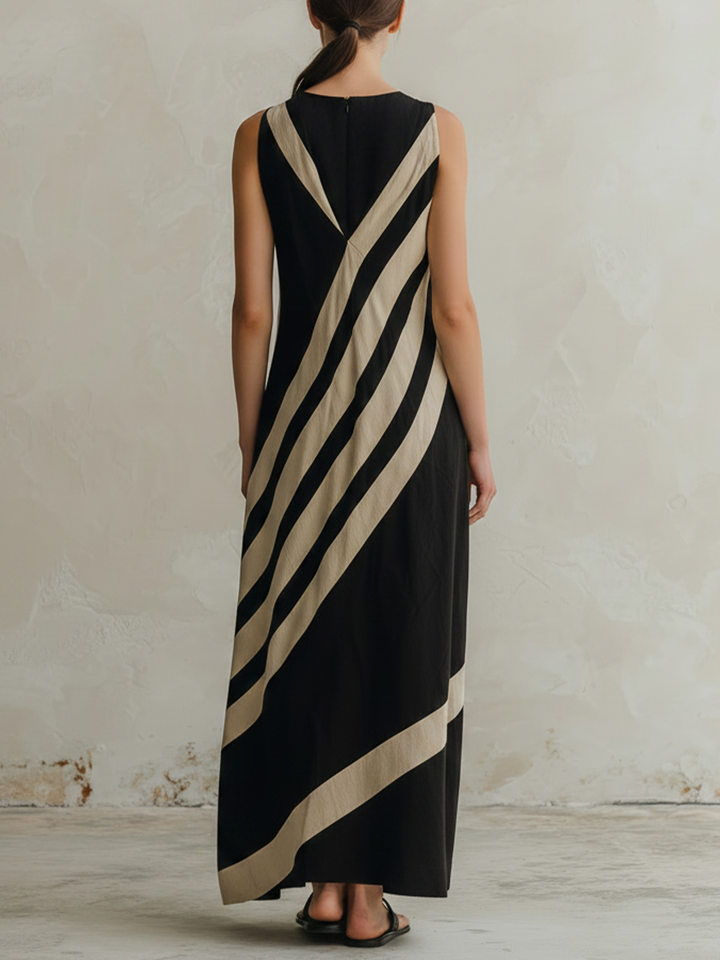 Morgan & Brooke | Black & Beige Diagonal-Striped Sleeveless Maxi Dress