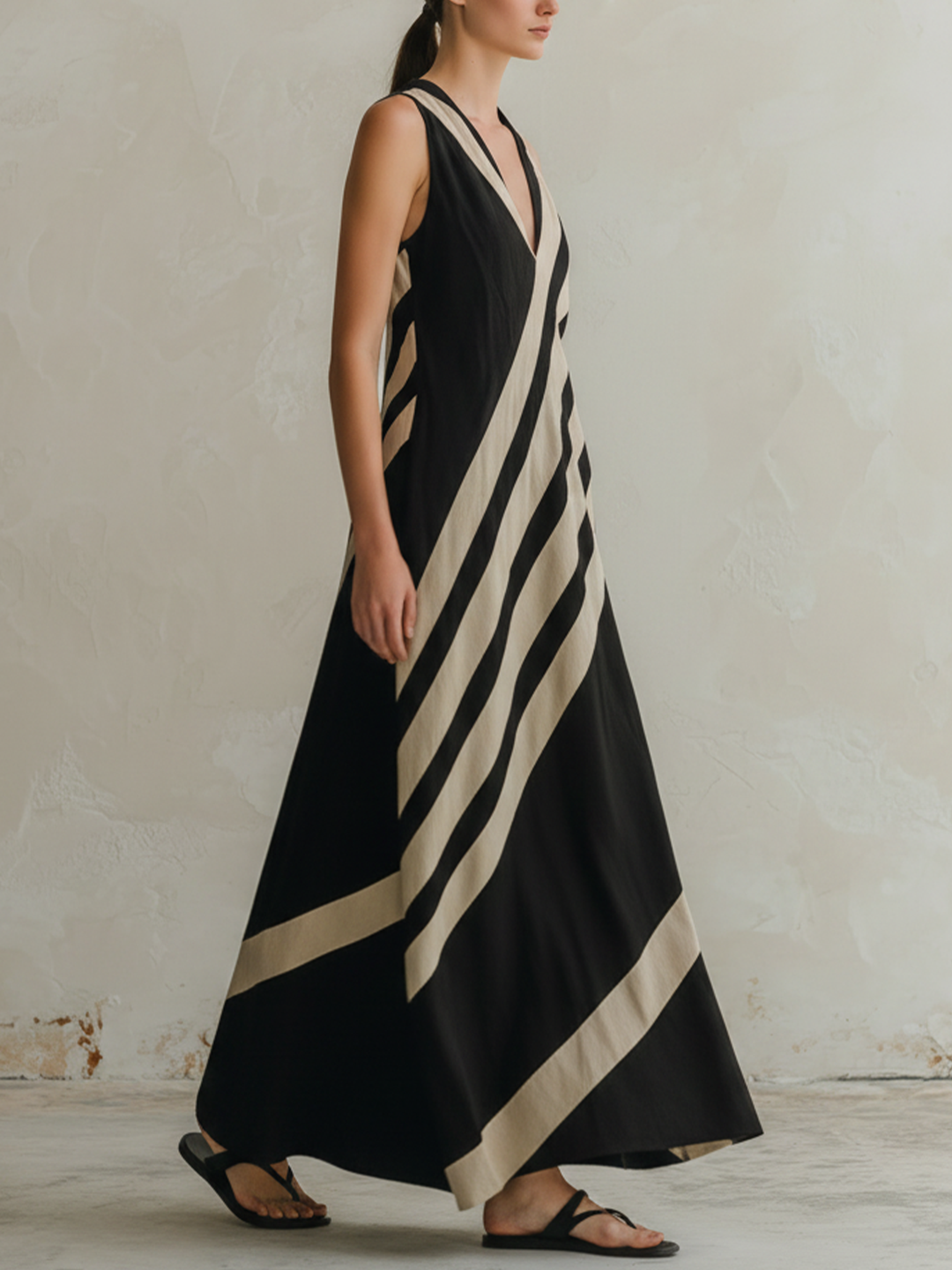 Morgan & Brooke | Black & Beige Diagonal-Striped Sleeveless Maxi Dress