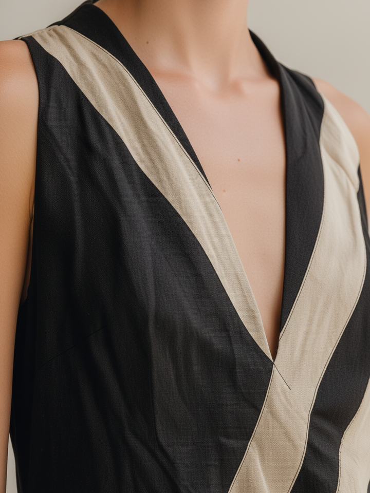 Morgan & Brooke | Black & Beige Diagonal-Striped Sleeveless Maxi Dress