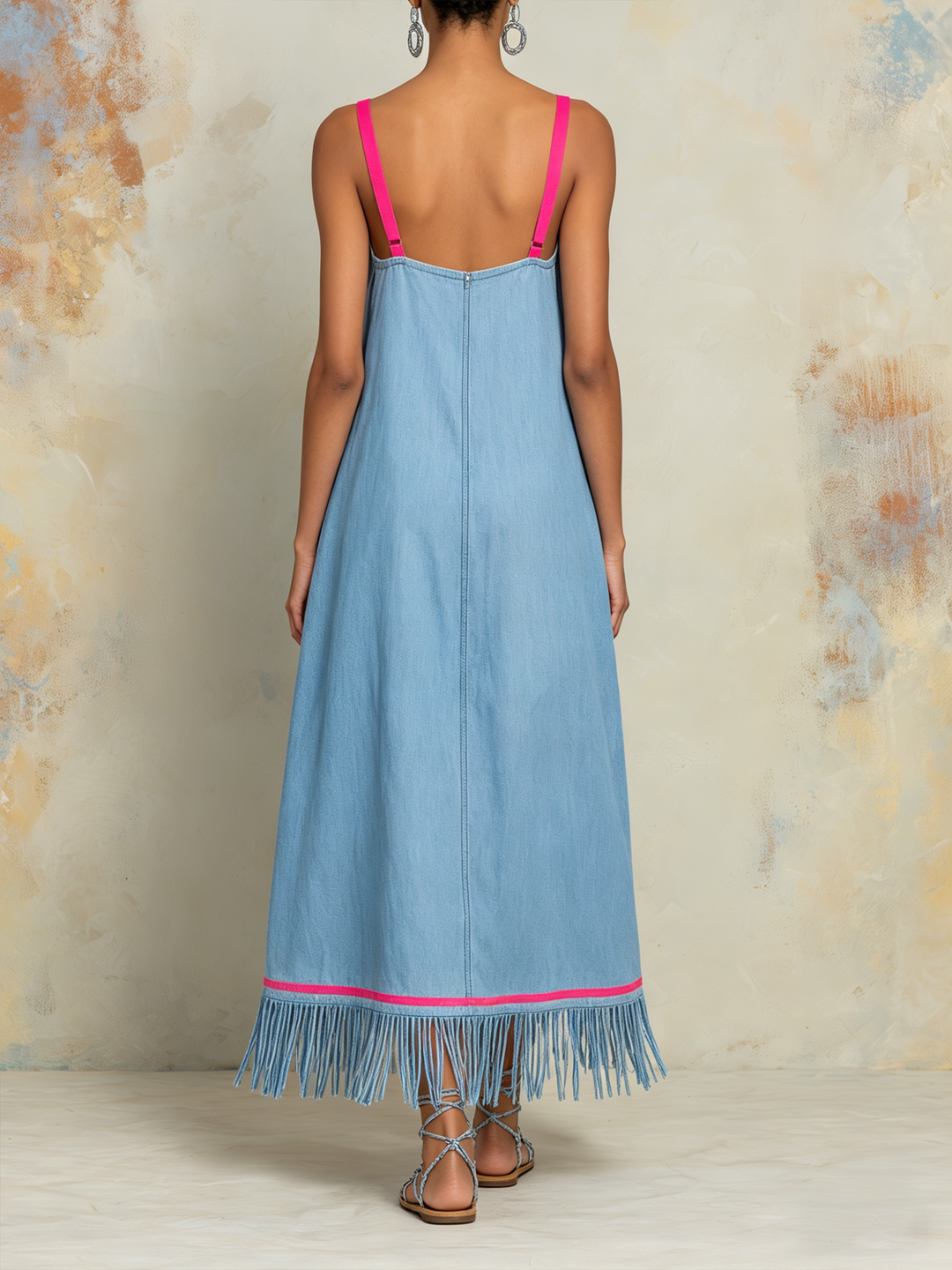Morgan & Brooke | Blue Oversized Fringe-Hem Denim Midi Dress