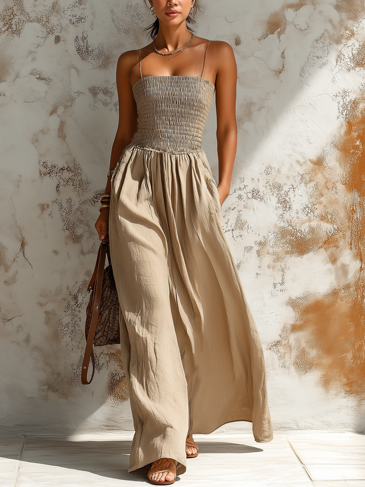 Morgan & Brooke | Beige Smocked Waist Thin-Strap Maxi Dress
