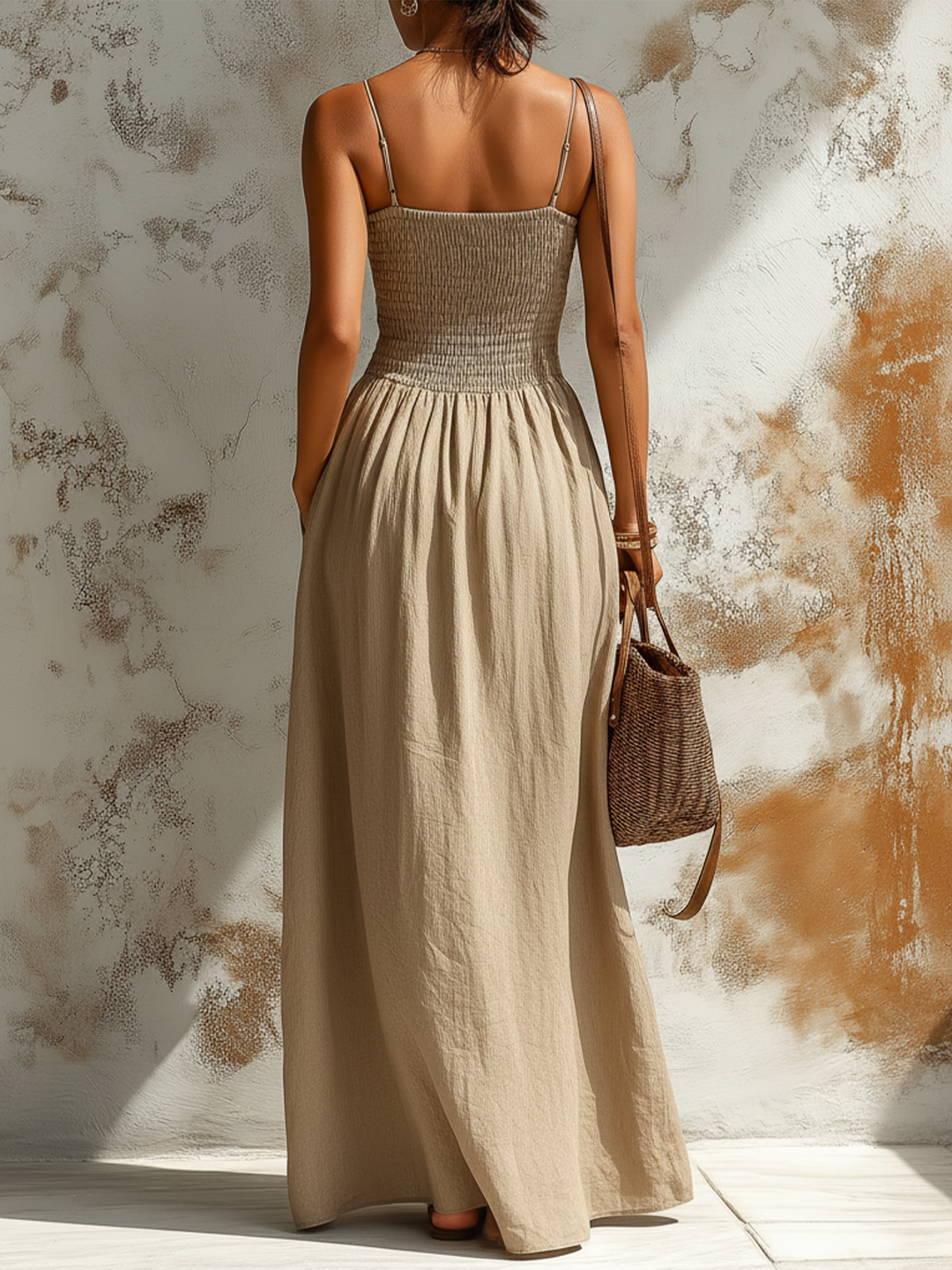 Morgan & Brooke | Beige Smocked Waist Thin-Strap Maxi Dress
