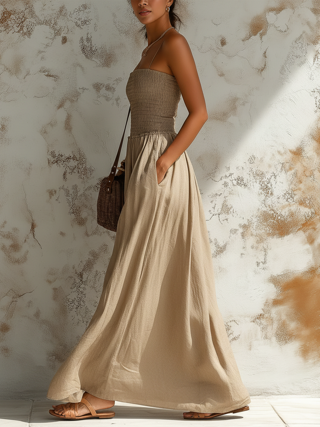 Morgan & Brooke | Beige Smocked Waist Thin-Strap Maxi Dress