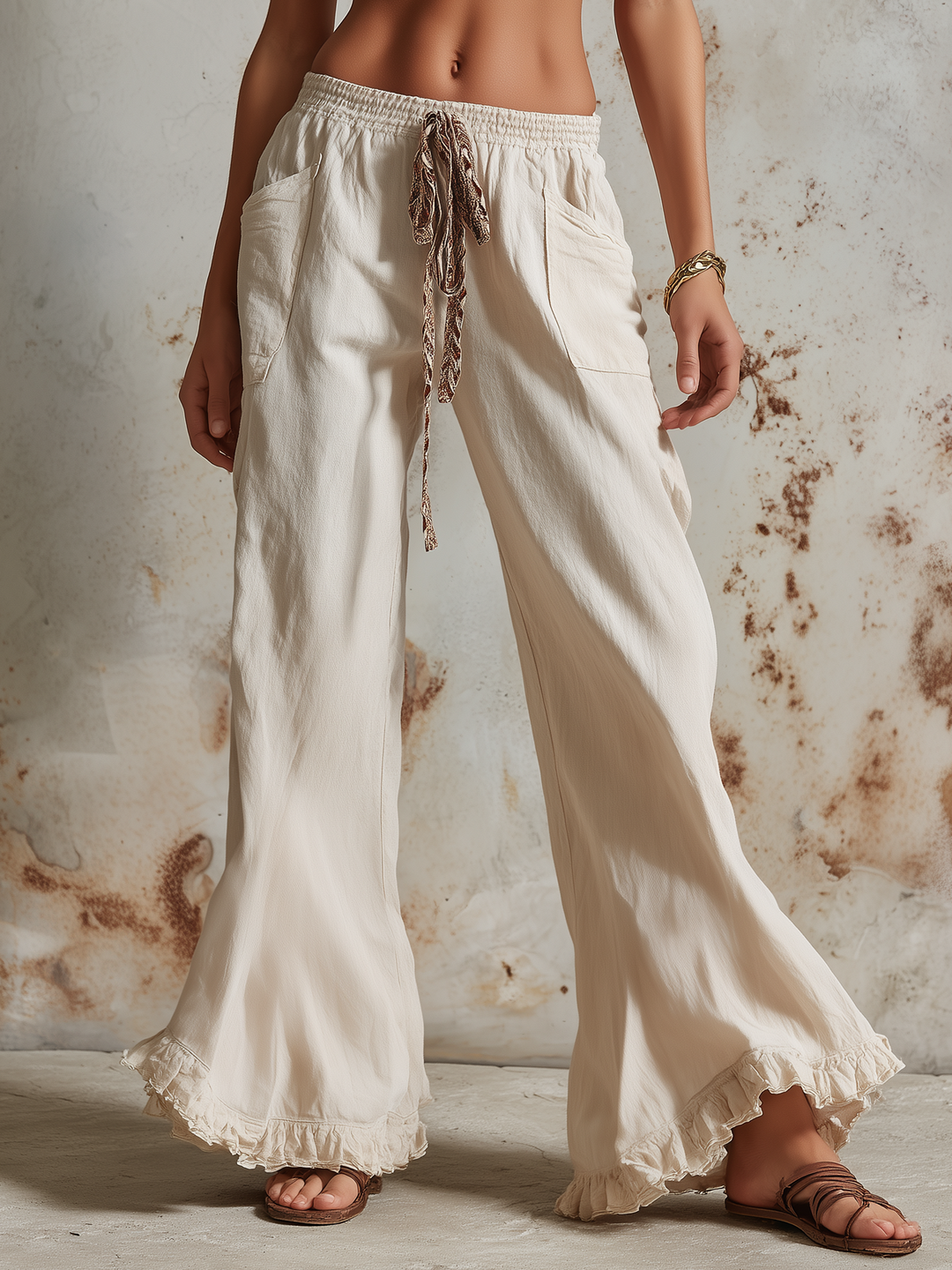 Morgan & Brooke | Off-White Ruffle Hem Wide-Leg Linen-Blend Pants