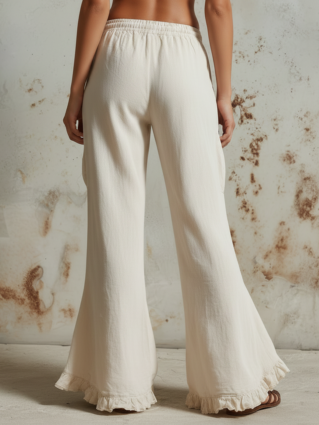 Morgan & Brooke | Off-White Ruffle Hem Wide-Leg Linen-Blend Pants