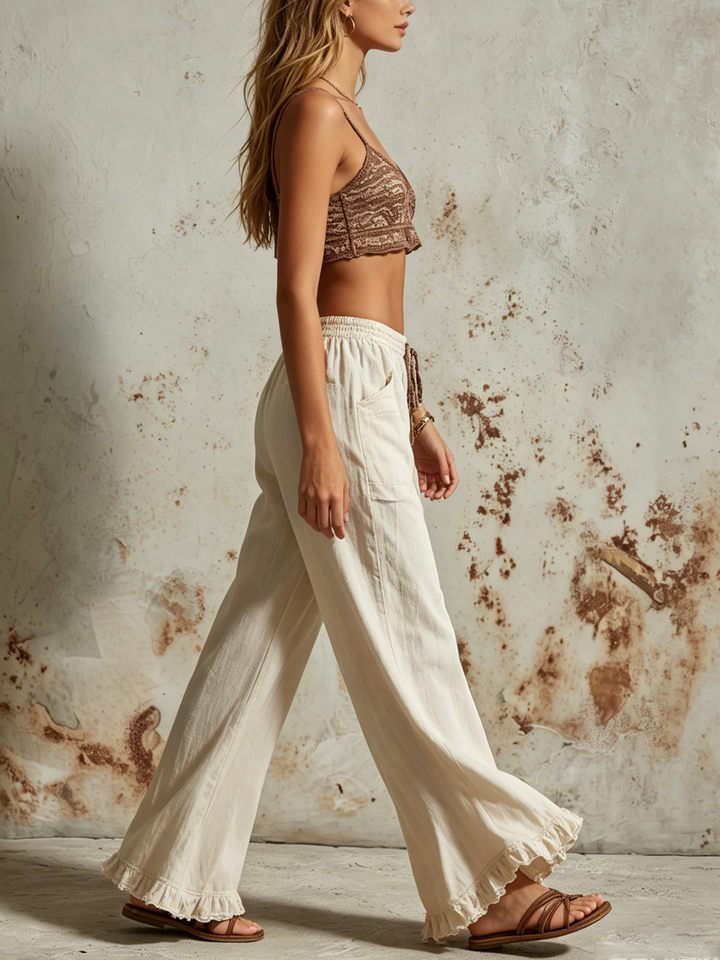 Morgan & Brooke | Off-White Ruffle Hem Wide-Leg Linen-Blend Pants