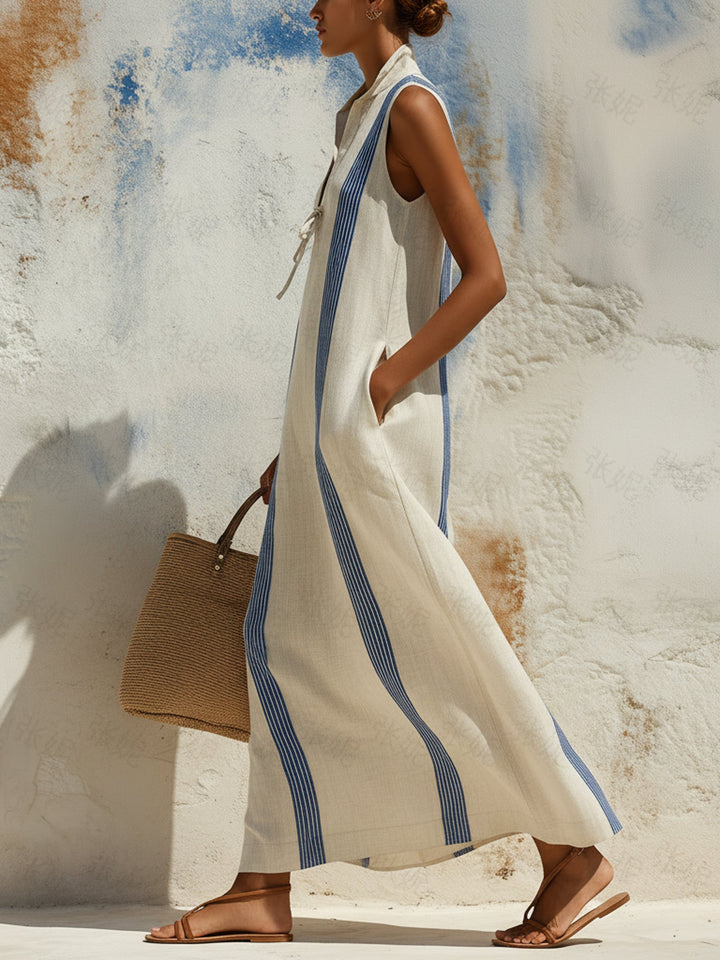 Morgan & Brooke | White-and-Blue Striped Sleeveless Stand-Collar Linen-Blend Maxi Dress