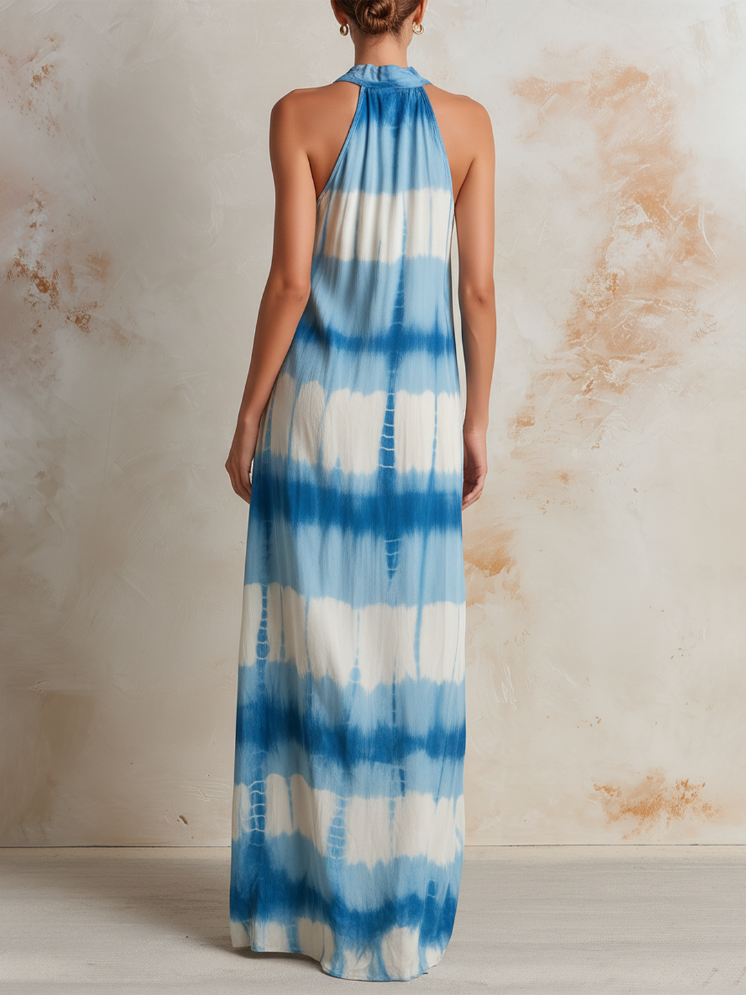 Morgan & Brooke | Blue & White Tie-Dye Halter Neck Button Placket Maxi Dress