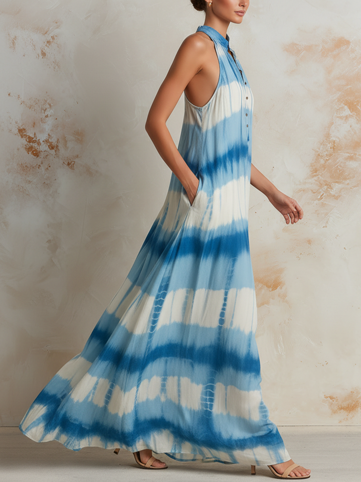Morgan & Brooke | Blue & White Tie-Dye Halter Neck Button Placket Maxi Dress