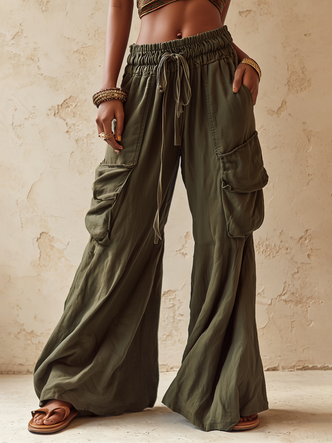 Morgan & Brooke | Olive Green Wide-Leg Cargo Tencel-Linen Blend Pants