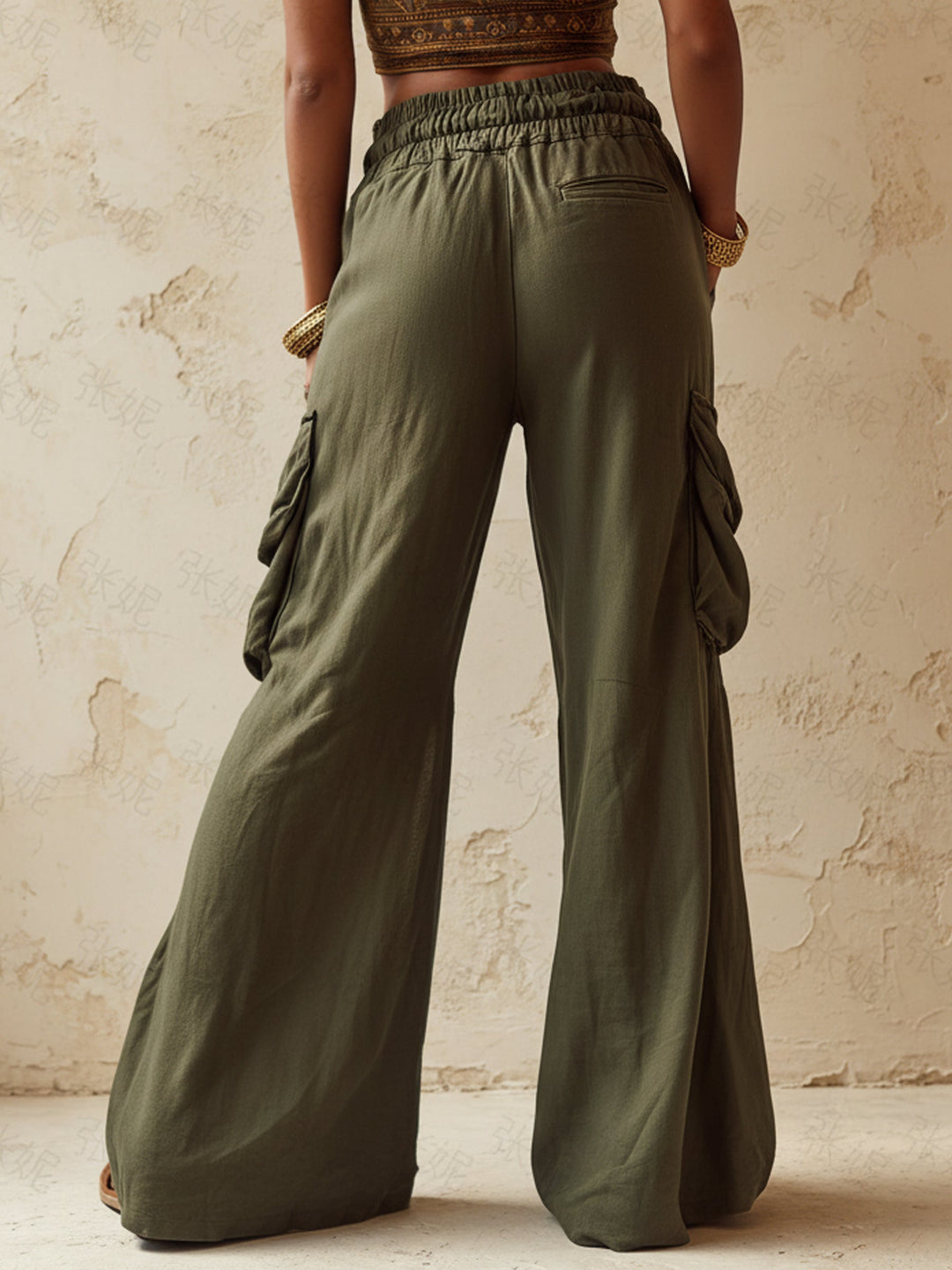 Morgan & Brooke | Olive Green Wide-Leg Cargo Tencel-Linen Blend Pants