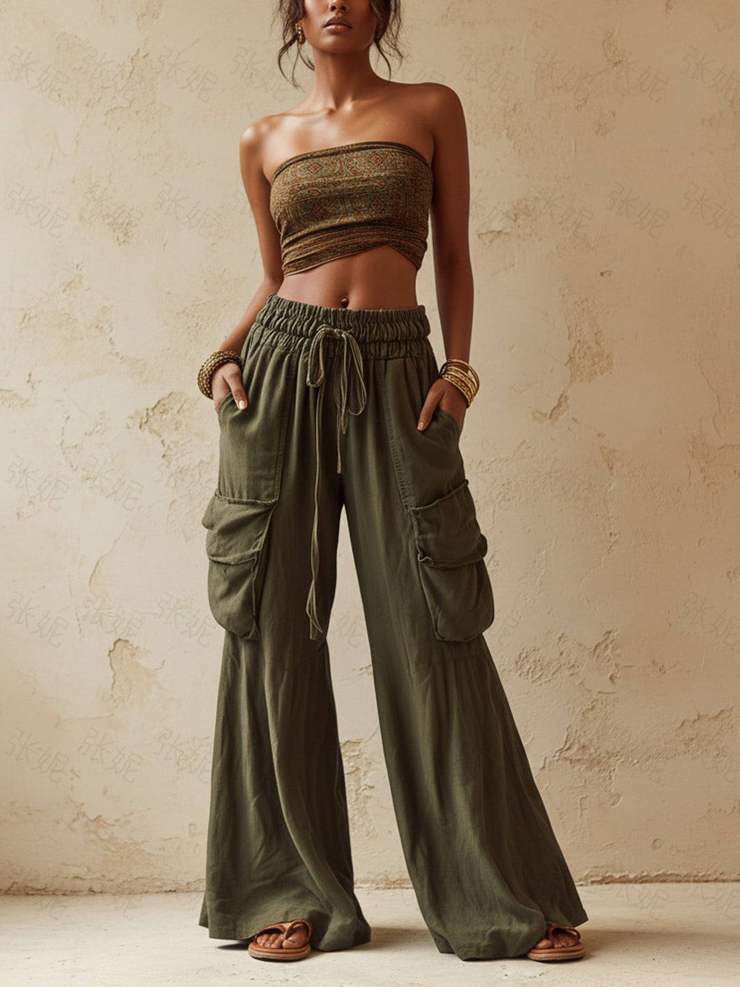 Morgan & Brooke | Olive Green Wide-Leg Cargo Tencel-Linen Blend Pants