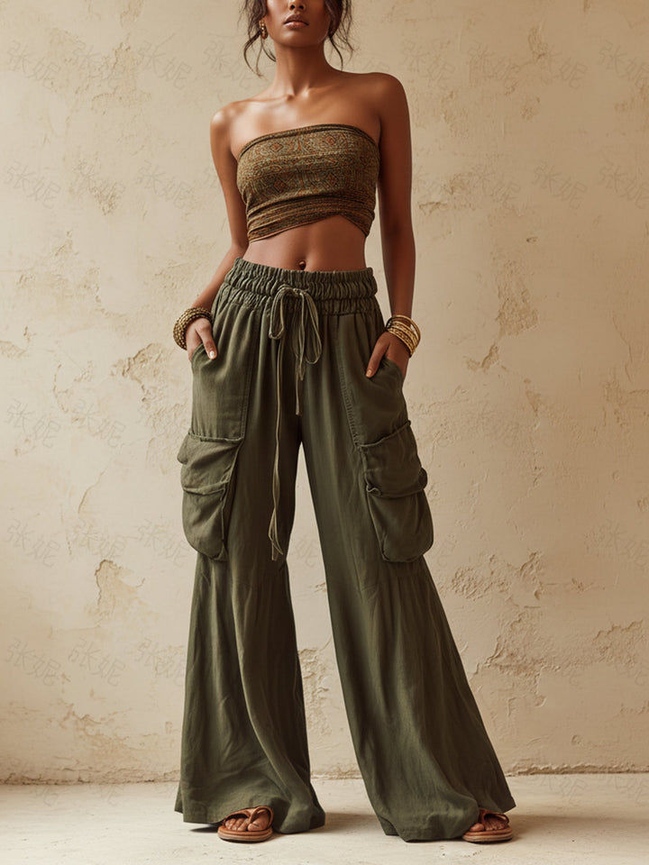 Morgan & Brooke | Olive Green Wide-Leg Cargo Tencel-Linen Blend Pants