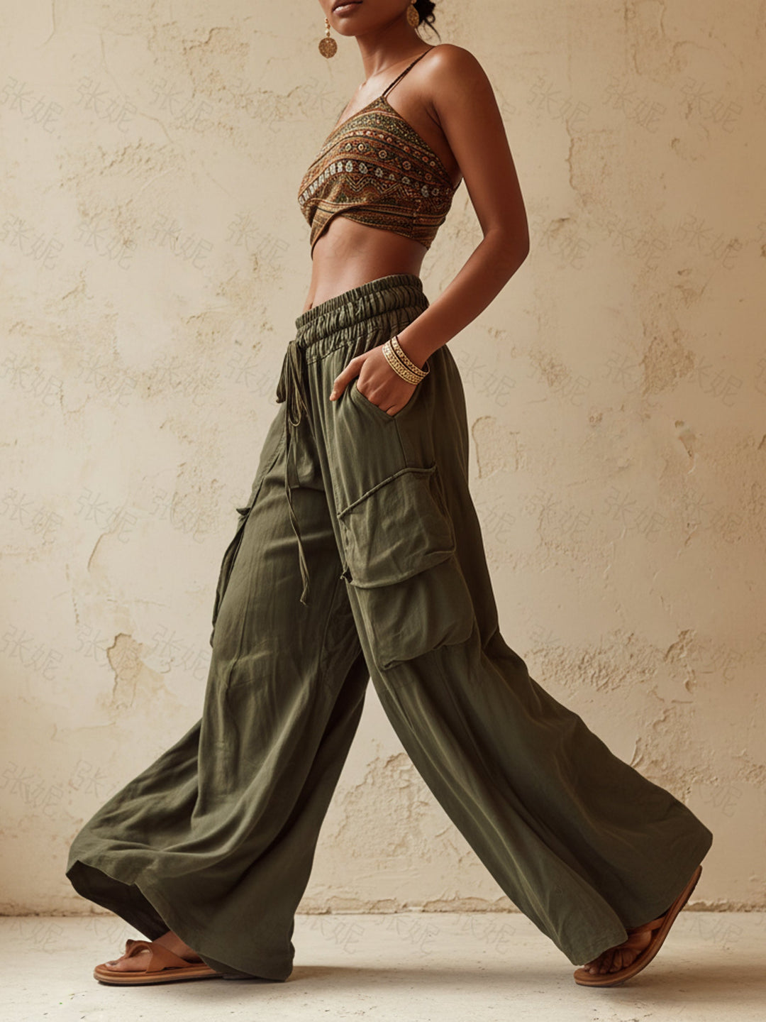 Morgan & Brooke | Olive Green Wide-Leg Cargo Tencel-Linen Blend Pants