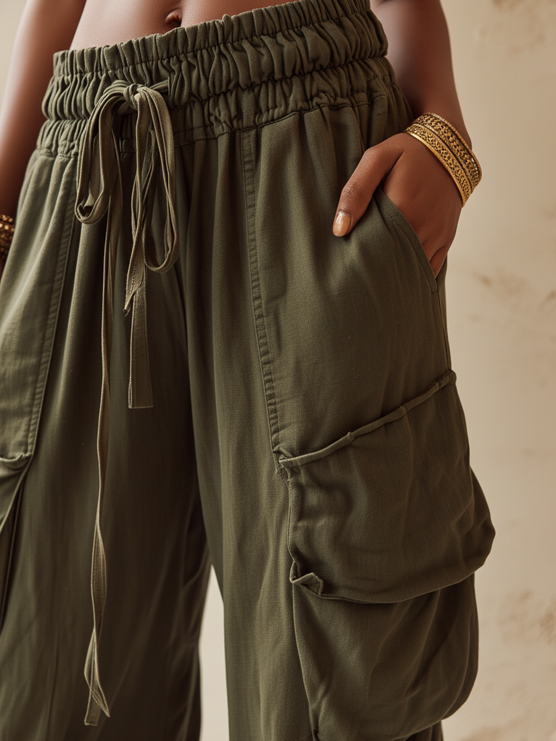 Morgan & Brooke | Olive Green Wide-Leg Cargo Tencel-Linen Blend Pants