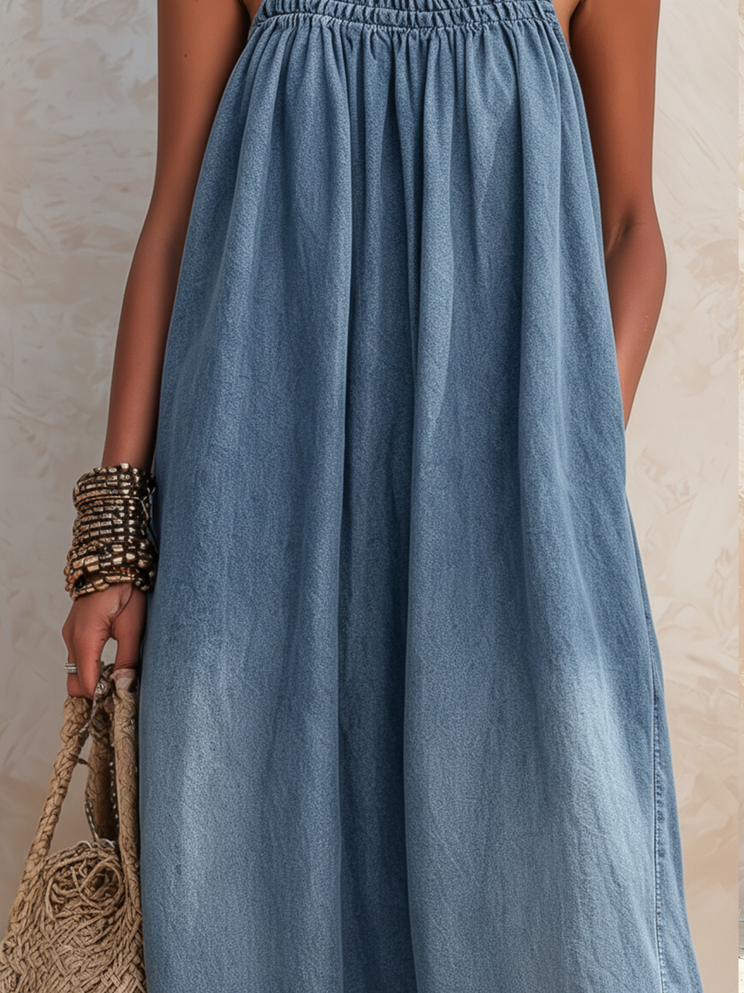 Morgan & Brooke | Light Wash Halter Neck Maxi Denim Dress