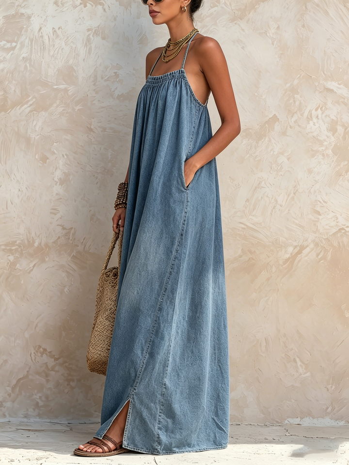 Morgan & Brooke | Light Wash Halter Neck Maxi Denim Dress