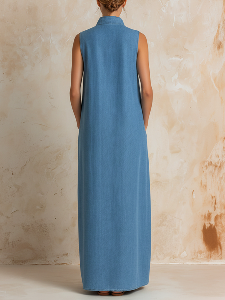 Morgan & Brooke | Light Wash Sleeveless Stand Collar Lyocell Denim Maxi Shirt Dress