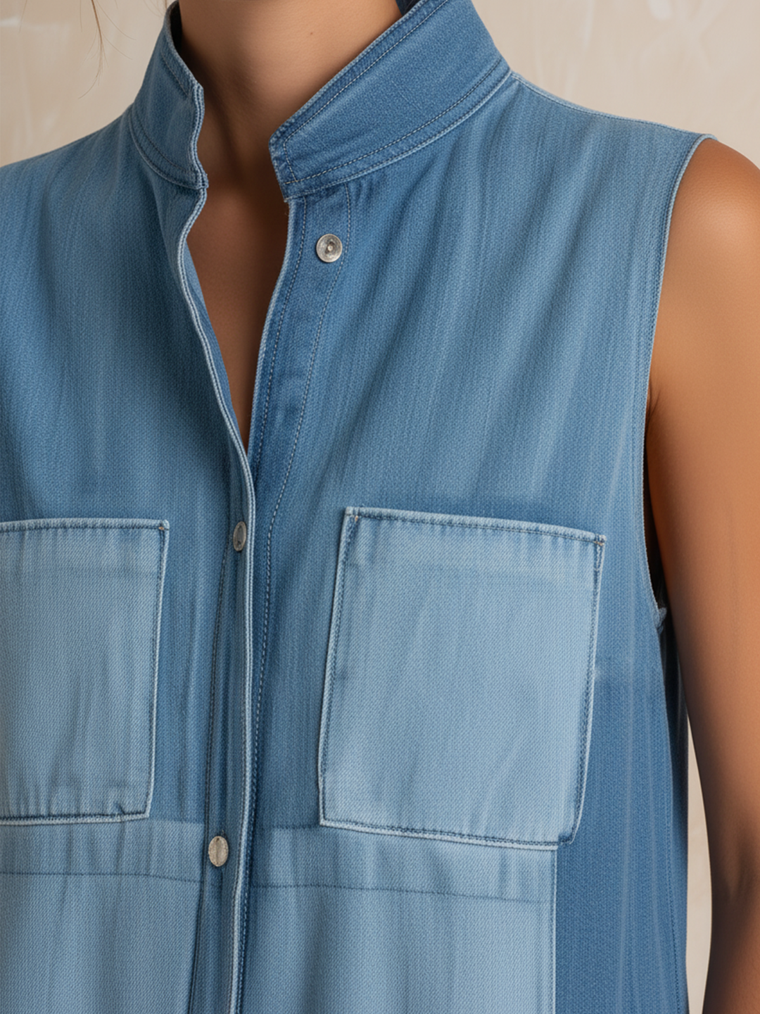 Morgan & Brooke | Light Wash Sleeveless Stand Collar Lyocell Denim Maxi Shirt Dress