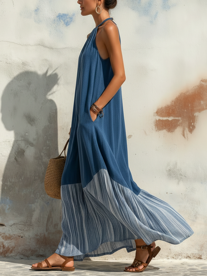 Morgan & Brooke | Blue Halter Neck Striped Hem Tencel Denim Dress
