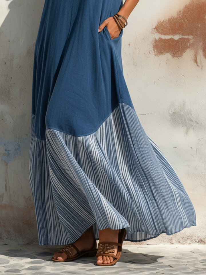 Morgan & Brooke | Blue Halter Neck Striped Hem Tencel Denim Dress