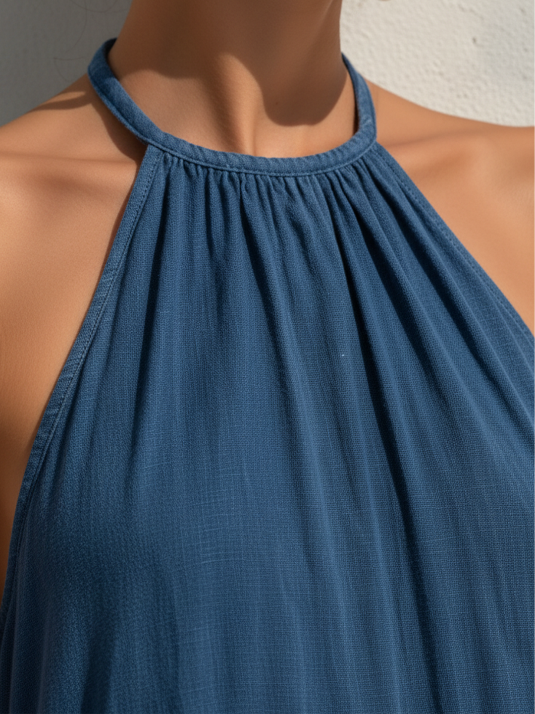 Morgan & Brooke | Blue Halter Neck Striped Hem Tencel Denim Dress
