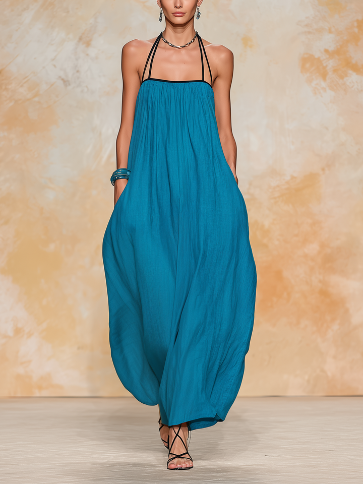 Morgan & Brooke | Teal Halter Loose-Fit Tencel Denim Maxi Dress