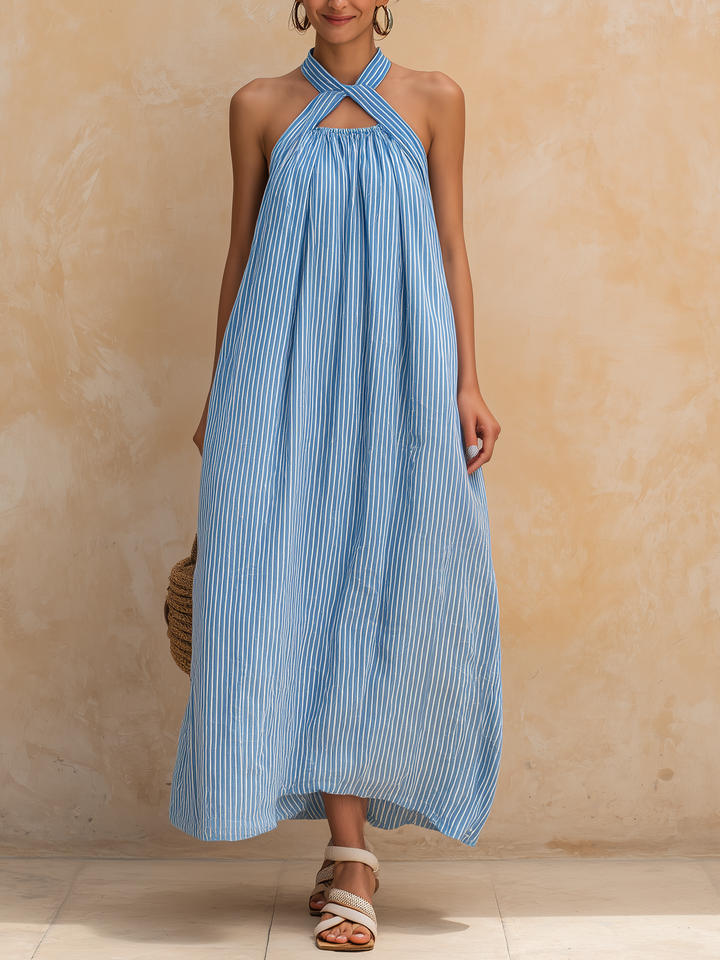 Morgan & Brooke | Blue & White Striped Halter-Neck Maxi Tencel Denim Dress