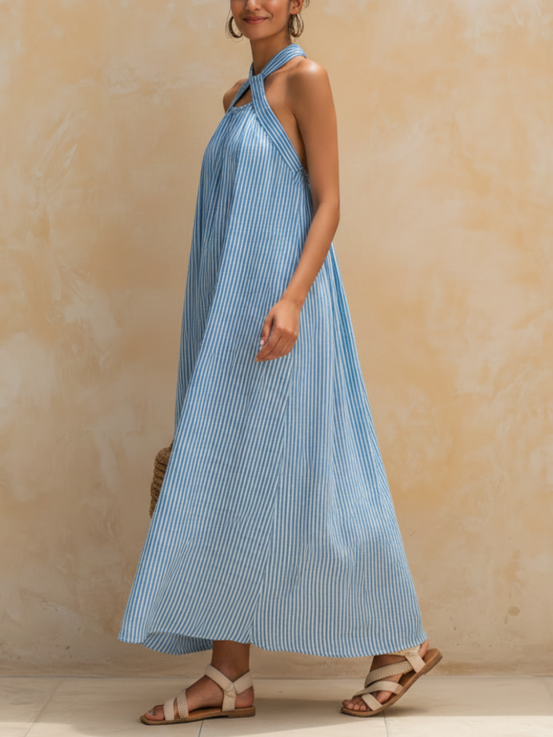 Morgan & Brooke | Blue & White Striped Halter-Neck Maxi Tencel Denim Dress
