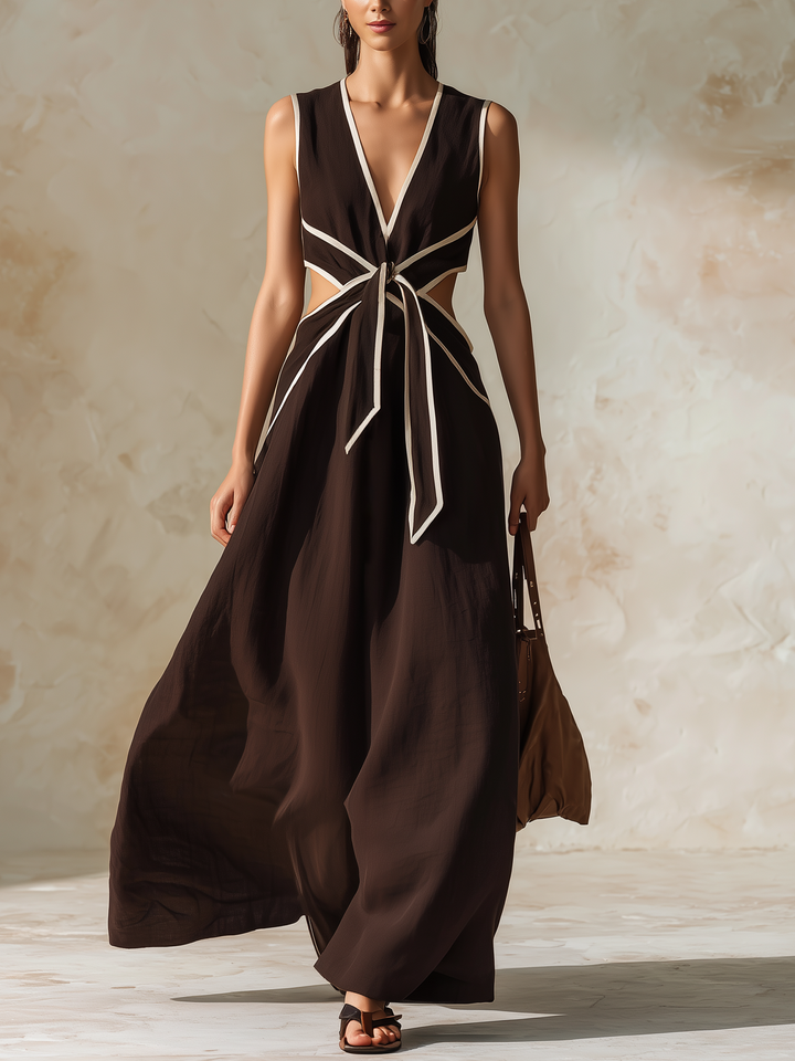 Morgan & Brooke | Chocolate Brown Cutout, Contrast-Trim Crinkle Fabric Maxi Dress