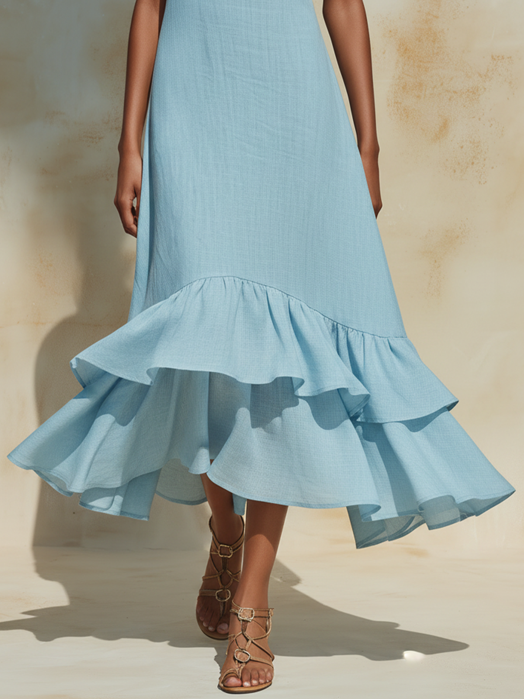 Morgan & Brooke | Light Blue Halter-Neck Ruffled Linen-Blend Maxi Dress