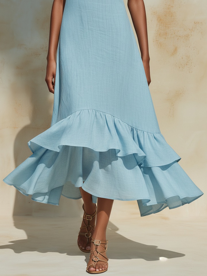 Morgan & Brooke | Light Blue Halter-Neck Ruffled Linen-Blend Maxi Dress