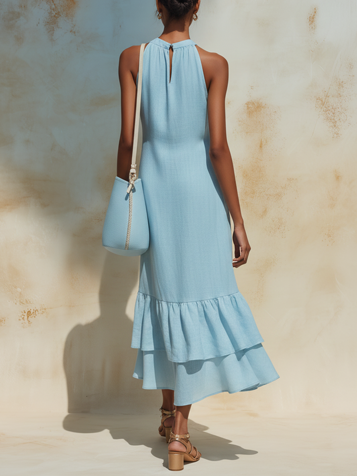Morgan & Brooke | Light Blue Halter-Neck Ruffled Linen-Blend Maxi Dress