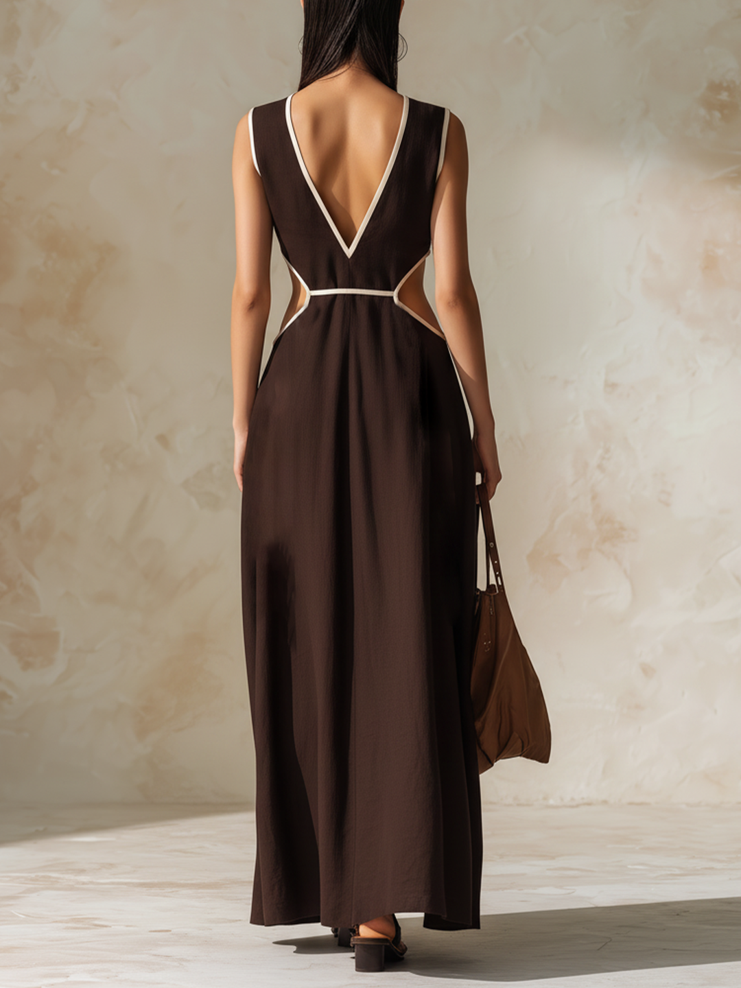 Morgan & Brooke | Chocolate Brown Cutout, Contrast-Trim Crinkle Fabric Maxi Dress